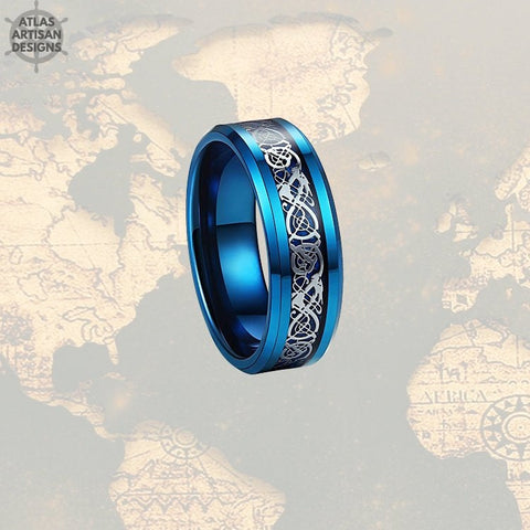 Image of Viking Wedding Ring Mens Tungsten Ring, 8mm Blue Dragon Ring Mens Wedding Band Celtic Ring, Promise Ring, Tungsten Wedding Band Mens Ring - Atlas Artisan Designs