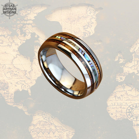 Image of Abalone Ring Mens Wedding Band, Koa Wood Ring Tungsten Wedding Band Mens Ring, Abalone Shell Ring, Wood Wedding Bands Women Couples Ring Set - Atlas Artisan Designs