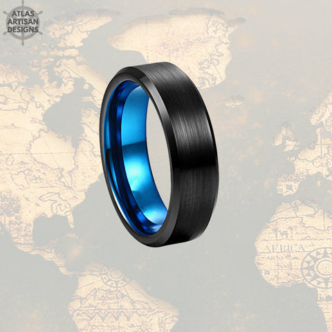 Image of 6mm Blue Tungsten Wedding Bands Womens Ring, Thin Blue Line Gift, Unique Mens Wedding Band, Mens Promise Ring, Blue Ring Couples Ring Set - Atlas Artisan Designs
