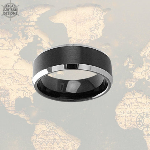 Image of Black Tungsten Ring Mens Wedding Band, Minimalist Tungsten Wedding Band Mens Ring Beveled Silver Ring, Couples Ring Set, Mens Promise Ring - Atlas Artisan Designs