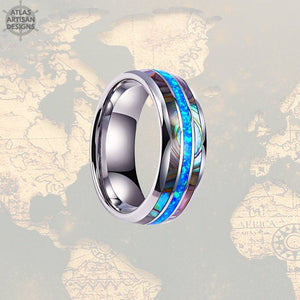 Crushed Blue Opal Wedding Band Mens Ring, Unique Abalone Ring Mens Wedding Band Opal Ring, 8mm Tungsten Ring - Atlas Artisan Designs