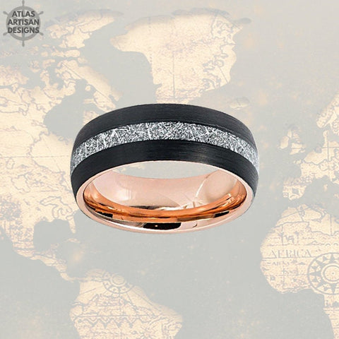 Image of Black & Rose Gold Ring Mens Wedding Band Meteorite Ring Tungsten Wedding Band Mens Ring, Rose Gold Meteorite Wedding Rings Unique Mens Rings - Atlas Artisan Designs