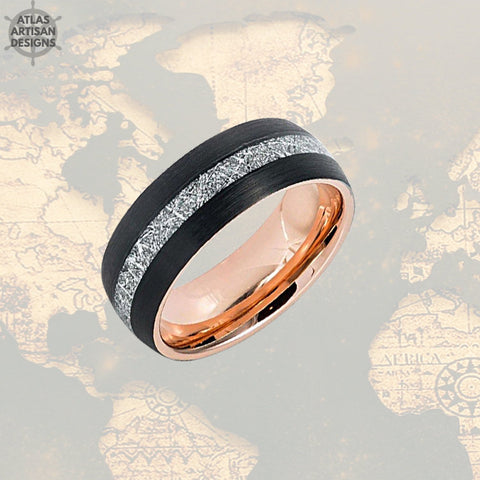 Image of Black & Rose Gold Ring Mens Wedding Band Meteorite Ring Tungsten Wedding Band Mens Ring, Rose Gold Meteorite Wedding Rings Unique Mens Rings - Atlas Artisan Designs