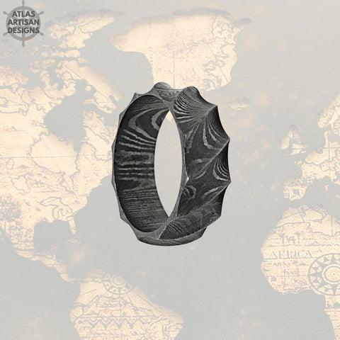 Image of Damascus Steel Ring Mens Wedding Band Rustic Mens Ring, Damascus Ring, Cool Mens Rings, Hammered Damascus Ring, Wave Ring, Unique Mens Ring - Atlas Artisan Designs