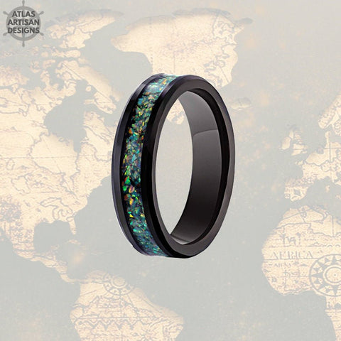 Image of 6mm Mens Wedding Band Green Opal Inlay Ring, Tungsten Wedding Band Mens Ring, Mens Fire Opal Ring, Opal Wedding Bands Womens Blue Opal Ring - Atlas Artisan Designs