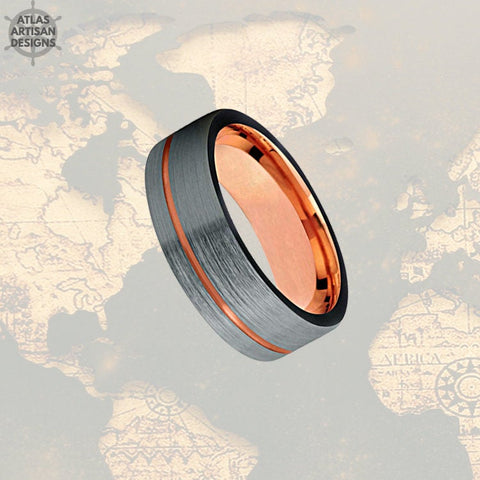 Image of Gunmetal Tungsten Wedding Band Mens Ring, Silver Mens Wedding Band Rose Gold Ring, Rose Gold Wedding Bands Womens Ring, Unique Mens Ring - Atlas Artisan Designs