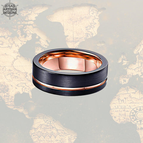 Image of Black Tungsten Wedding Band Mens Ring, 8mm Mens Wedding Band Rose Gold Ring, Rose Gold Wedding Bands Womens Ring, Unique Mens Ring - Atlas Artisan Designs