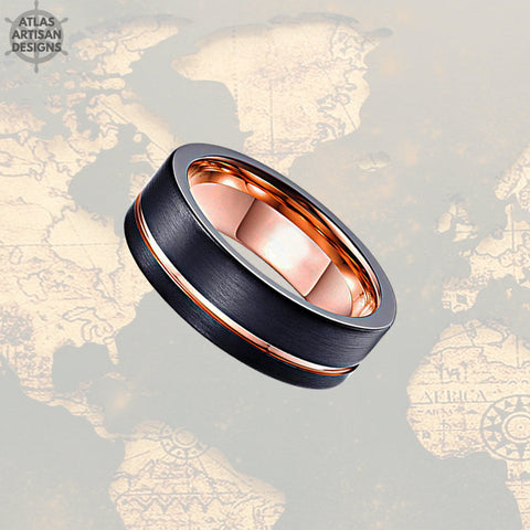Image of Black Tungsten Wedding Band Mens Ring, 8mm Mens Wedding Band Rose Gold Ring, Rose Gold Wedding Bands Womens Ring, Unique Mens Ring - Atlas Artisan Designs
