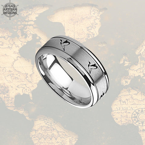 Image of Nature Ring Mens Wedding Band, Silver Tungsten Wedding Band Mens Ring, 8mm Duck Hunting Ring, Unique Mens Ring for Hunters, Hunting Gifts - Atlas Artisan Designs