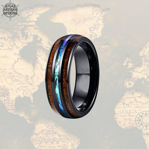 Unique Mens Wedding Band Opal Inlay Ring, Koa Wood Ring Tungsten Wedding Band Mens Ring, Black Mens Wood Ring, Wooden Ring, Blue Opal Ring - Atlas Artisan Designs