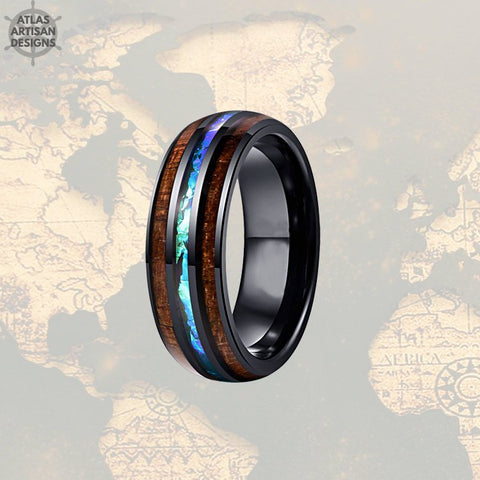 Image of Unique Mens Wedding Band Opal Inlay Ring, Koa Wood Ring Tungsten Wedding Band Mens Ring, Black Mens Wood Ring, Wooden Ring, Blue Opal Ring - Atlas Artisan Designs