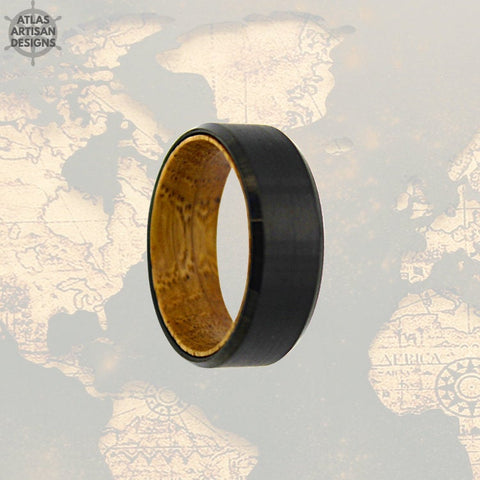 Image of Black Whiskey Barrel Ring w/ Bevel Edges, Mens Wedding Band Wood Ring, Tungsten Whiskey Ring for Men, Bourbon Barrel Ring, Unique Mens Ring - Atlas Artisan Designs