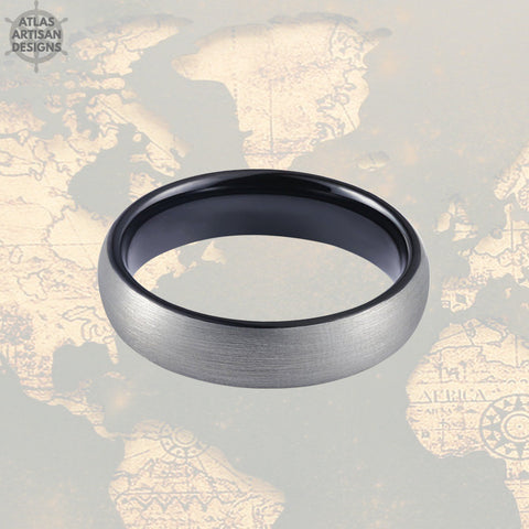 Image of 6mm Black Tungsten Wedding Band Mens Ring, Gunmetal Gray Tungsten Ring Mens Wedding Band, Mens Promise Ring, Black Ring Couples Ring Set - Atlas Artisan Designs