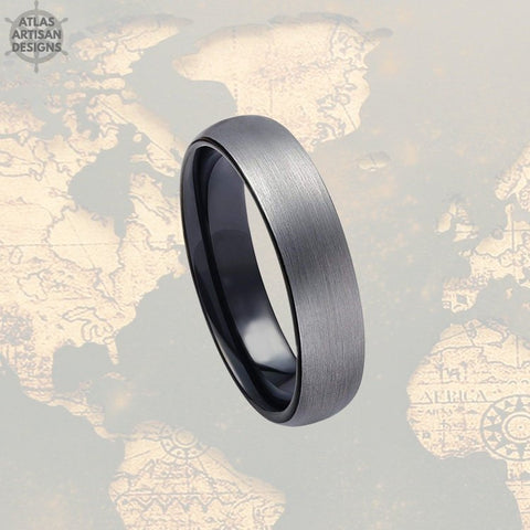 Image of 6mm Black Tungsten Wedding Band Mens Ring, Gunmetal Gray Tungsten Ring Mens Wedding Band, Mens Promise Ring, Black Ring Couples Ring Set - Atlas Artisan Designs