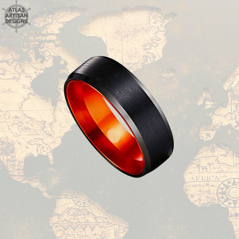 Image of Orange & Black Tungsten Ring Mens Wedding Band, Promise Ring, Grooms Ring Tungsten Wedding Band Mens Ring, Unique Mens Ring 8mm Wedding Ring - Atlas Artisan Designs