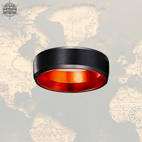 Image of Orange & Black Tungsten Ring Mens Wedding Band, Promise Ring, Grooms Ring Tungsten Wedding Band Mens Ring, Unique Mens Ring 8mm Wedding Ring - Atlas Artisan Designs
