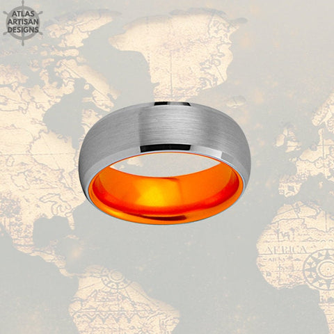 Image of Orange & Silver Tungsten Ring Mens Wedding Band, Promise Ring Grooms Ring Tungsten Wedding Band Mens Ring, Unique Mens Ring 8mm Wedding Ring - Atlas Artisan Designs