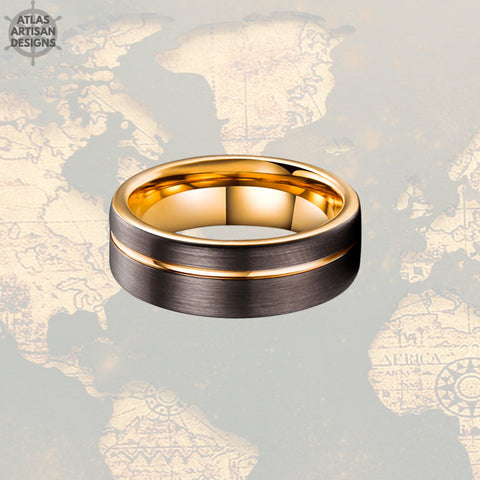 Image of Unique Mens Wedding Band Rose Gold Ring, Mocha Brown Tungsten Wedding Band Mens Ring with Offset Groove, Rose Gold Wedding Bands Womens Ring - Atlas Artisan Designs