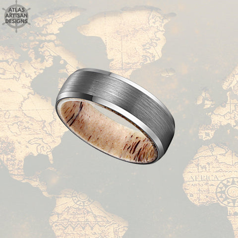 Image of Beveled Deer Antler Ring Mens Wedding Band Silver Tungsten Ring 8mm Nature Wedding Band - Atlas Artisan Designs