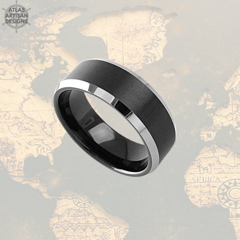 Image of 6mm Black Ring Tungsten Wedding Band Mens Ring, Mens Wedding Band Minimalist Ring, Bevel Silver Ring, Couples Ring Set Unique Tungsten Ring - Atlas Artisan Designs