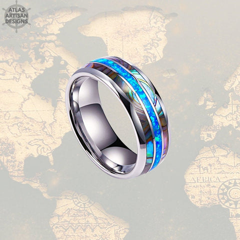 Image of Crushed Blue Opal Wedding Band Mens Ring, Unique Abalone Ring Mens Wedding Band Opal Ring, 8mm Tungsten Ring - Atlas Artisan Designs