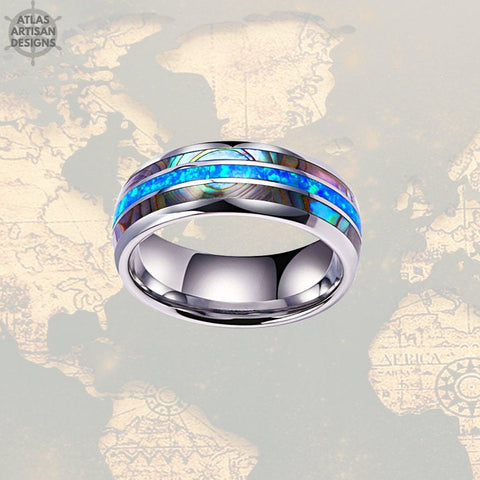 Image of Crushed Blue Opal Wedding Band Mens Ring, Unique Abalone Ring Mens Wedding Band Opal Ring, 8mm Tungsten Ring - Atlas Artisan Designs