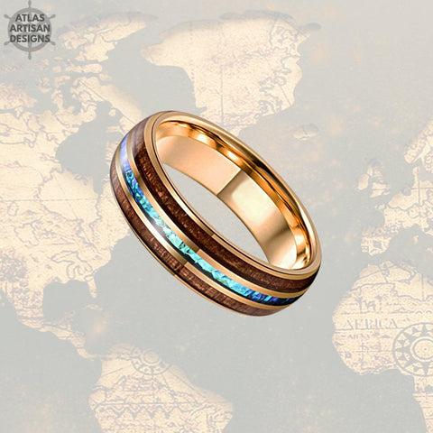 Image of 18K Rose Gold Blue Opal Ring Mens Wedding Band, 8mm Koa Wood Ring Tungsten Wedding Band Mens Ring, Wood Wedding Bands Women Rose Gold Ring - Atlas Artisan Designs