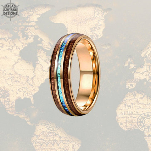 Image of 18K Rose Gold Blue Opal Ring Mens Wedding Band, 8mm Koa Wood Ring Tungsten Wedding Band Mens Ring, Wood Wedding Bands Women Rose Gold Ring - Atlas Artisan Designs