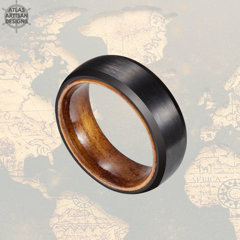 Image of Koa Wood Ring Mens Wedding Band Black Tungsten Wedding Band Mens Ring, Wood Inlay Ring, Wood Wedding Band with Beveled Edges, Promise Ring - Atlas Artisan Designs
