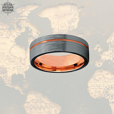 Image of Gunmetal Tungsten Wedding Band Mens Ring, Silver Mens Wedding Band Rose Gold Ring, Rose Gold Wedding Bands Womens Ring, Unique Mens Ring - Atlas Artisan Designs