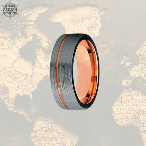 Image of Gunmetal Tungsten Wedding Band Mens Ring, Silver Mens Wedding Band Rose Gold Ring, Rose Gold Wedding Bands Womens Ring, Unique Mens Ring - Atlas Artisan Designs