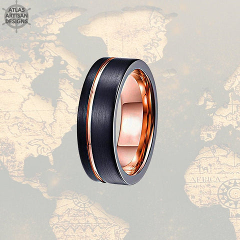 Image of Black Tungsten Wedding Band Mens Ring, 8mm Mens Wedding Band Rose Gold Ring, Rose Gold Wedding Bands Womens Ring, Unique Mens Ring - Atlas Artisan Designs