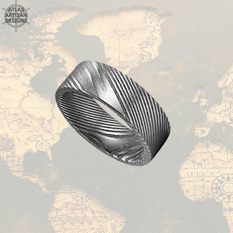 Image of Wood Grain Damascus Steel Ring Mens Wedding Band, 8mm Pipe Cut Silver Damascus Ring, Unique Mens Rings, Damascus Wedding Band Mens Ring, - Atlas Artisan Designs