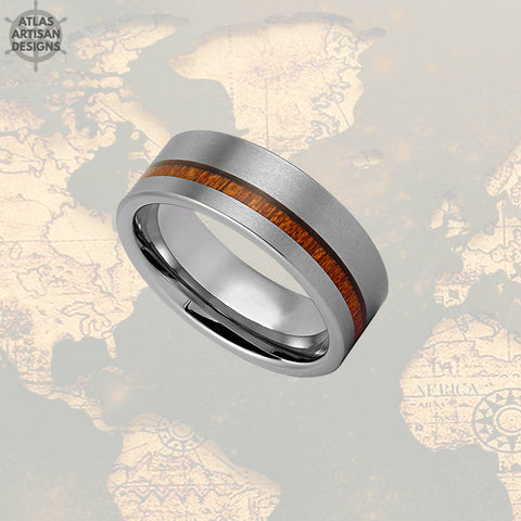 Image of Koa Wood Ring Mens Wedding Band, Silver Tungsten Wedding Band Mens Ring, Wood Wedding Bands Women Couples Ring, Unique Mens Ring Wooden Ring - Atlas Artisan Designs