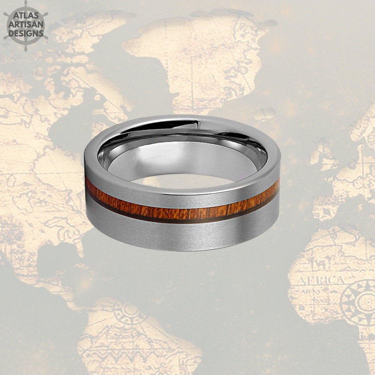 Koa Wood Ring Mens Wedding Band, Silver Tungsten Wedding Band Mens Ring, Wood Wedding Bands Women Couples Ring, Unique Mens Ring Wooden Ring - Atlas Artisan Designs