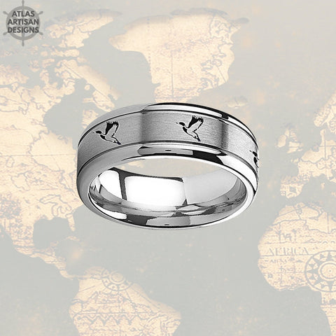 Image of Nature Ring Mens Wedding Band, Silver Tungsten Wedding Band Mens Ring, 8mm Duck Hunting Ring, Unique Mens Ring for Hunters, Hunting Gifts - Atlas Artisan Designs
