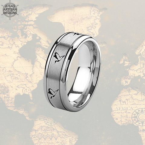 Image of Nature Ring Mens Wedding Band, Silver Tungsten Wedding Band Mens Ring, 8mm Duck Hunting Ring, Unique Mens Ring for Hunters, Hunting Gifts - Atlas Artisan Designs
