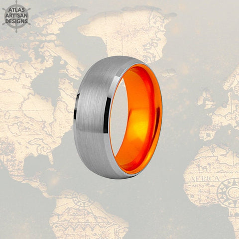 Image of Orange & Silver Tungsten Ring Mens Wedding Band, Promise Ring Grooms Ring Tungsten Wedding Band Mens Ring, Unique Mens Ring 8mm Wedding Ring - Atlas Artisan Designs