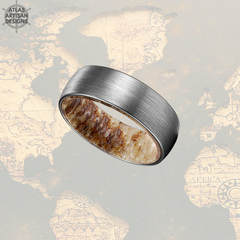 Image of Silver Deer Antler Ring Tungsten Wedding Band Mens Ring, Unique Nature Ring Mens Wedding Band - Atlas Artisan Designs
