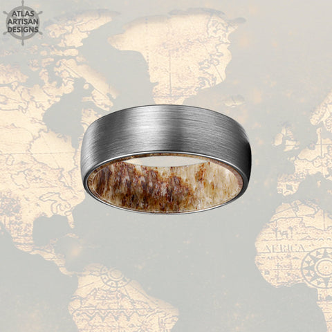 Image of Silver Deer Antler Ring Tungsten Wedding Band Mens Ring, Unique Nature Ring Mens Wedding Band - Atlas Artisan Designs
