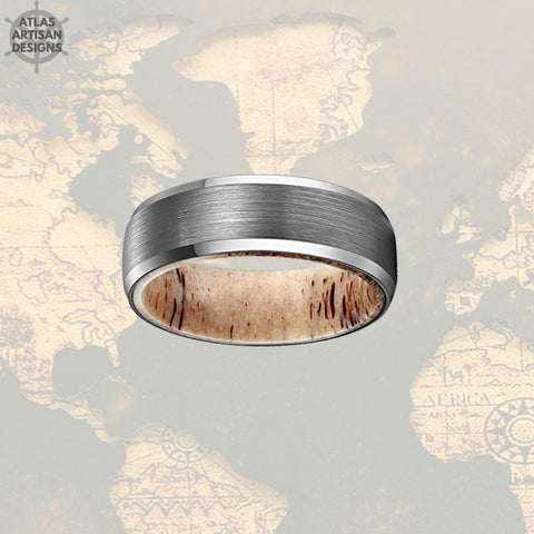 Image of Beveled Deer Antler Ring Mens Wedding Band Silver Tungsten Ring 8mm Nature Wedding Band - Atlas Artisan Designs