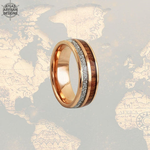 Image of 6mm Meteorite Ring Mens Wedding Band Rose Gold Ring, Koa Wood Ring with Meteorite Inlay Tungsten Wedding Band Mens Ring, Womens Wedding Ringngsten Wedding Band Mens Ring, Womens Wedding Ring - Atlas Artisan Designs
