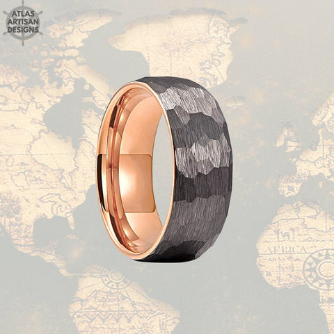 Image of Rose Gold Ring Mens Wedding Band Tungsten Ring, 8mm Silver Hammered Ring Couples Ring Set Viking Ring, Rose Gold Wedding Bands Womens Ring - Atlas Artisan Designs