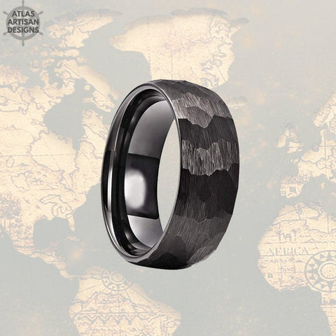 Image of Black Hammered Ring Mens Wedding Band Tungsten Ring Couples Ring Set, 8mm Tungsten Wedding Band Mens Ring, Viking Wedding Ring for Couples - Atlas Artisan Designs