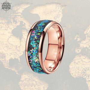 8mm Blue Opal Ring Rose Gold Wedding Band Tungsten Ring 8mm Mens Rose Gold Ring