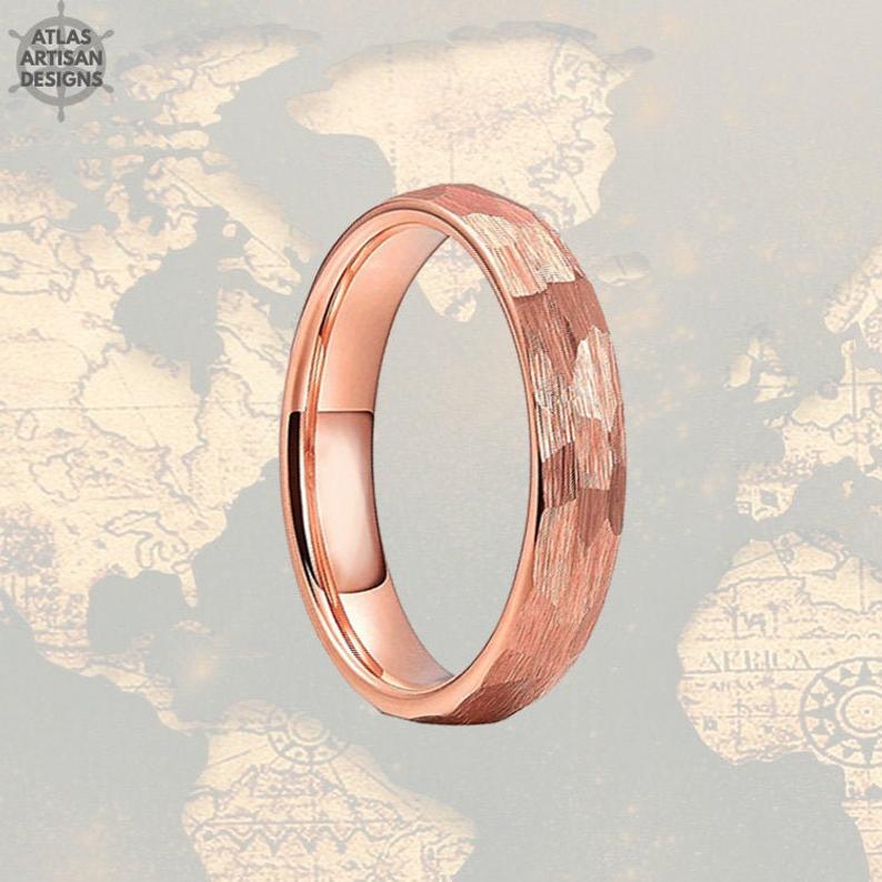 18K Rose Gold Wedding Band Hammered Ring 6mm Rose Gold Ring Tungsten Wedding Bands Womens Ring Couples Ring Set