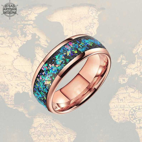 Image of 8mm Blue Opal Ring Rose Gold Wedding Band Tungsten Ring 8mm Mens Rose Gold Ring