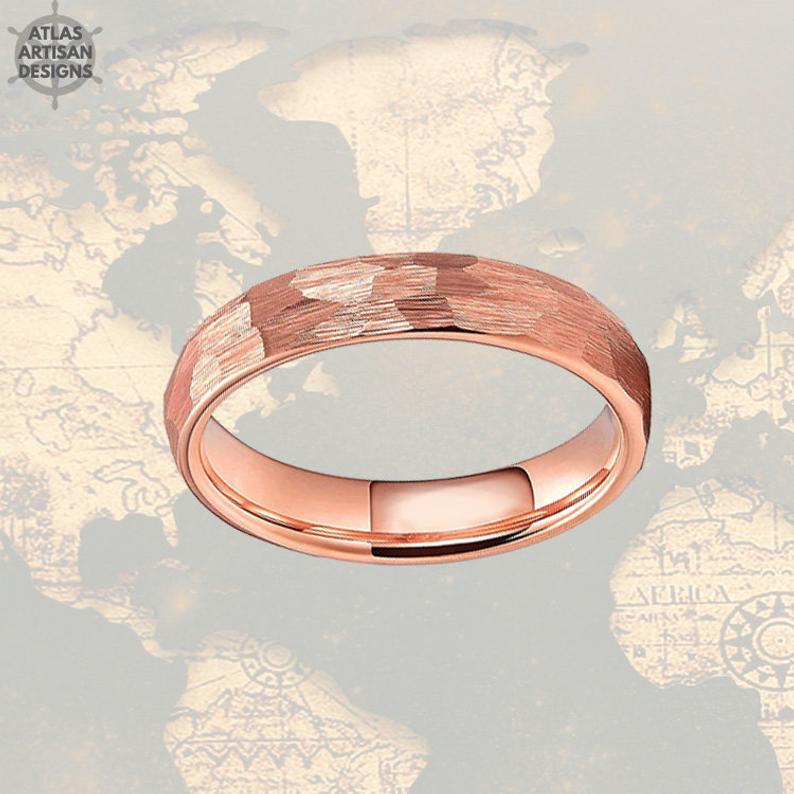 18K Rose Gold Wedding Band Hammered Ring 6mm Rose Gold Ring Tungsten Wedding Bands Womens Ring Couples Ring Set