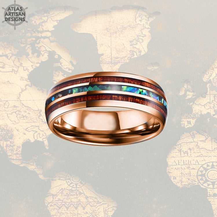 18K Rose Gold Opal Ring Mens Wedding Band, 8mm Koa Wood Ring Tungsten Wedding Band Mens Ring, Wood Wedding Bands Women Rose Gold Ring - Atlas Artisan Designs