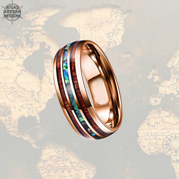 18K Rose Gold Opal Ring Mens Wedding Band, 8mm Koa Wood Ring Tungsten Wedding Band Mens Ring, Wood Wedding Bands Women Rose Gold Ring - Atlas Artisan Designs